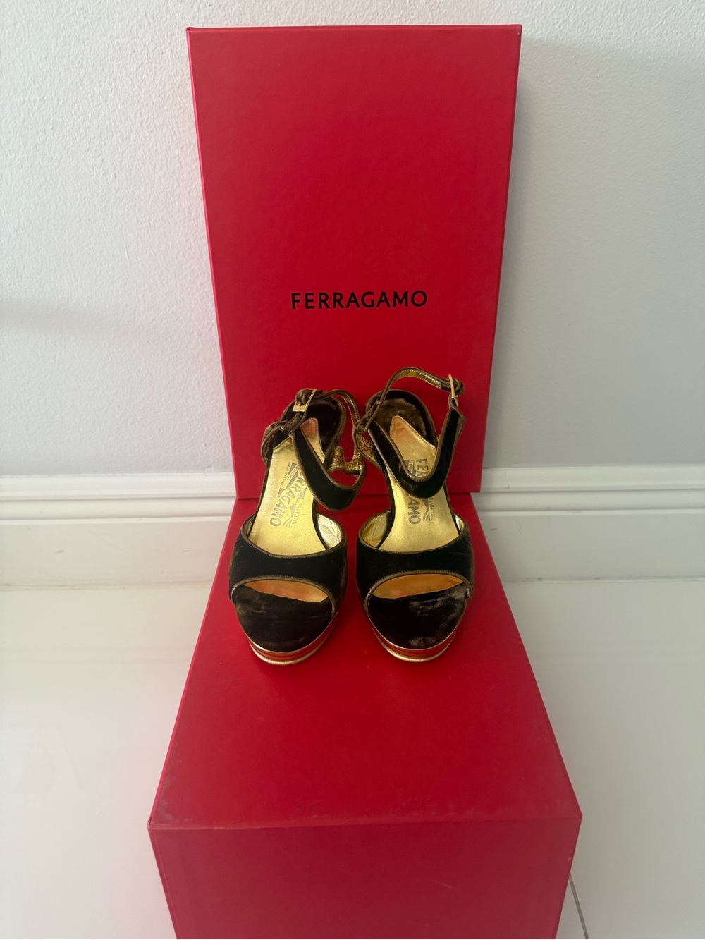 Salvatore Ferragamo Black and Gold Velvet Open-Toe Heels